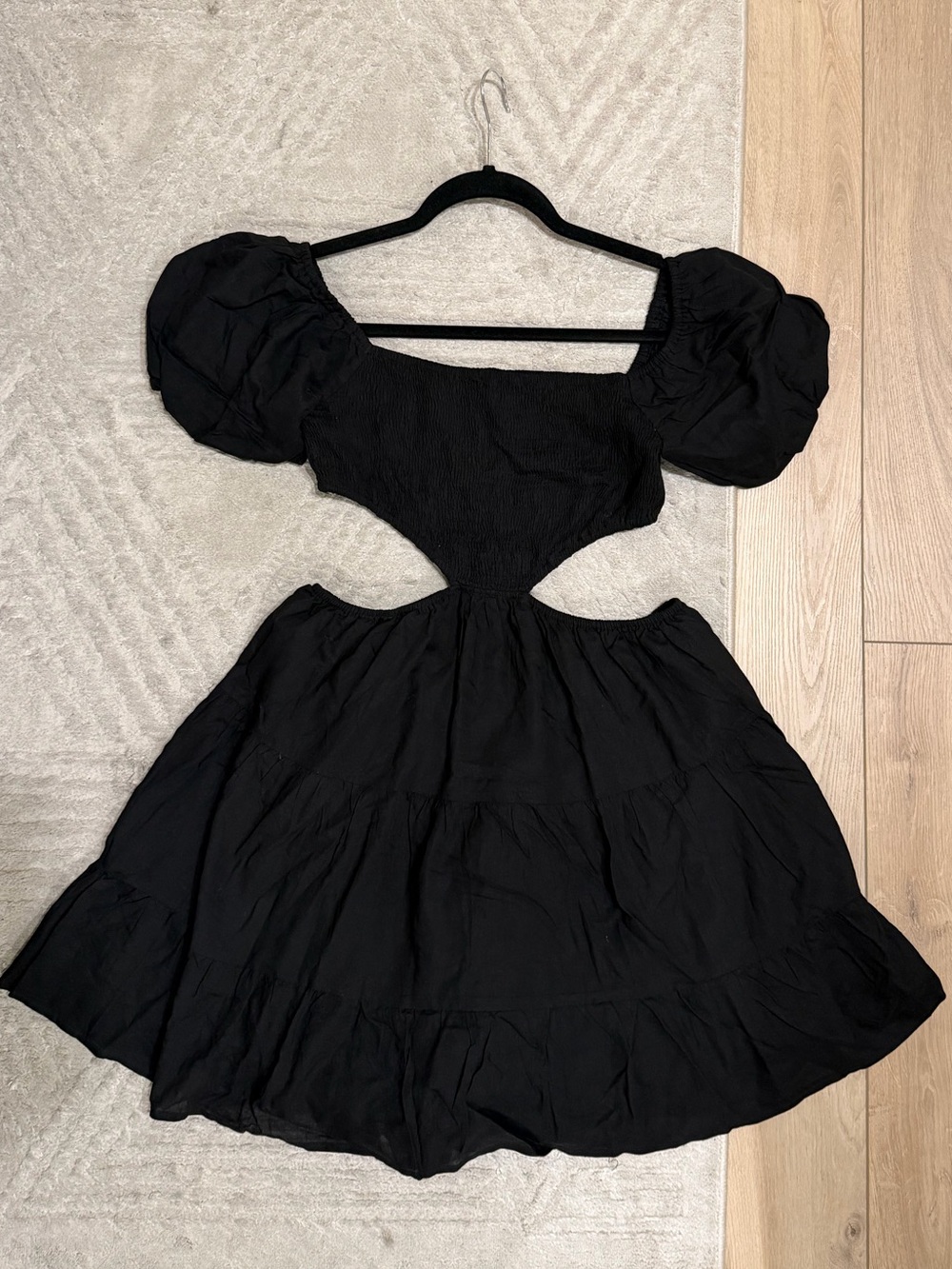 Black Mini Dress with Puff Sleeves and Cutout